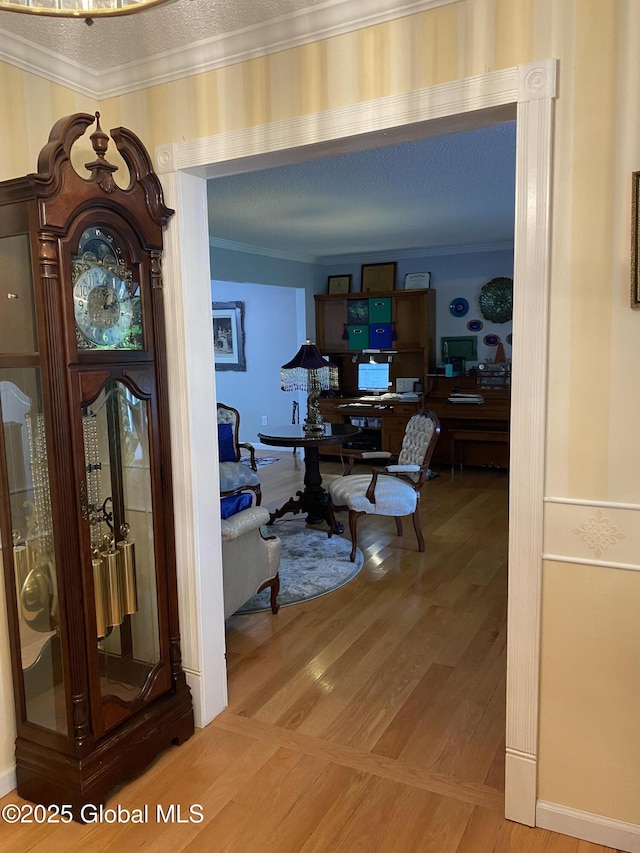 6 Bishops Ct, Queensbury, NY 12804 - hallway with ornamental molding, a textured ceiling, and wood finished floors