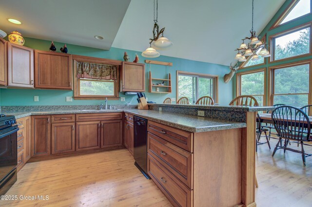 324 County Highway 112, Bleecker, NY 12078 - kitchen featuring a sink, light wood-style floors, black dishwasher, gas range oven, and a peninsula