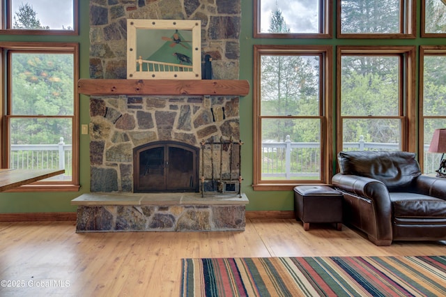 324 County Highway 112, Bleecker, NY 12078 - living room with a fireplace, wood finished floors, baseboards, and healthy amount of natural light