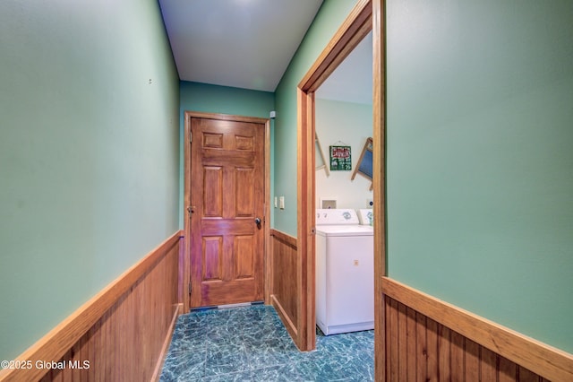 324 County Highway 112, Bleecker, NY 12078 - hall with independent washer and dryer, a wainscoted wall, and wood walls