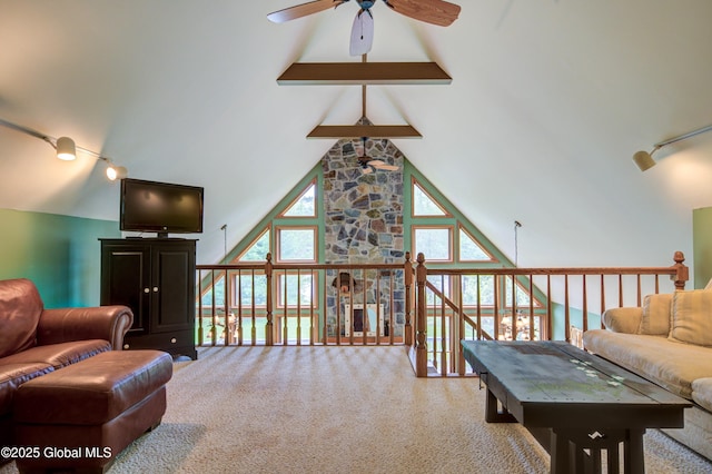 324 County Highway 112, Bleecker, NY 12078 - living area with a ceiling fan, carpet floors, and track lighting
