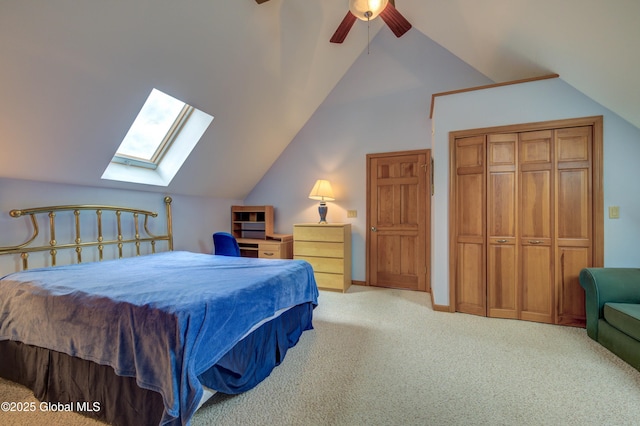 324 County Highway 112, Bleecker, NY 12078 - bedroom featuring a skylight, vaulted ceiling, carpet, a ceiling fan, and a closet