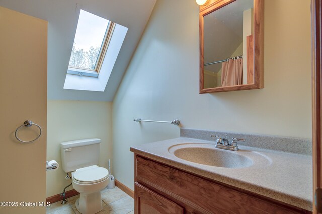 324 County Highway 112, Bleecker, NY 12078 - full bathroom with a skylight, toilet, vanity, baseboards, and a shower with shower curtain