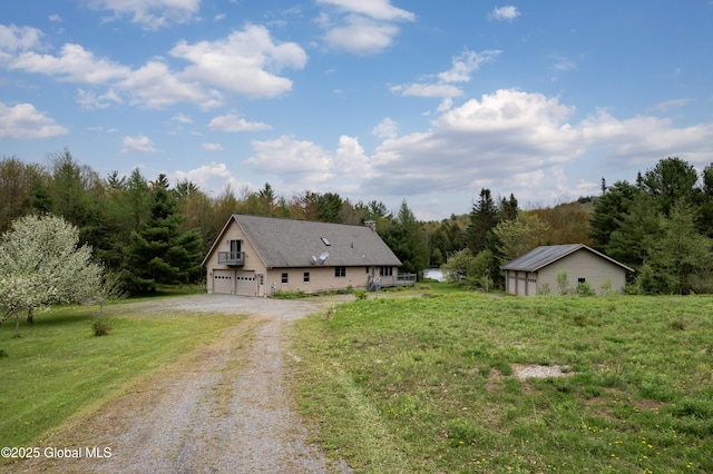 324 County Highway 112, Bleecker, NY 12078 - view of front of house featuring dirt driveway, a garage, a front lawn, a chimney, and a forest view