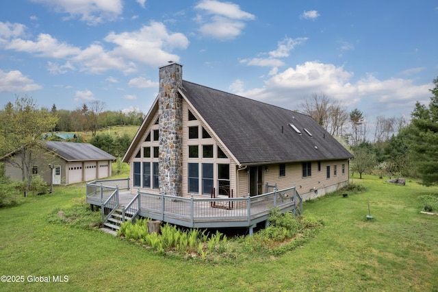 324 County Highway 112, Bleecker, NY 12078 - rear view of property featuring a chimney, a detached garage, a wooden deck, a yard, and a shingled roof