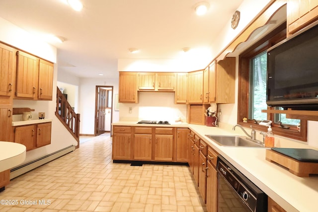 441 E Kelm Pond Rd, Warrensburg, NY 12885 - kitchen with black appliances, baseboard heating, a sink, brick patterned flooring, and light countertops