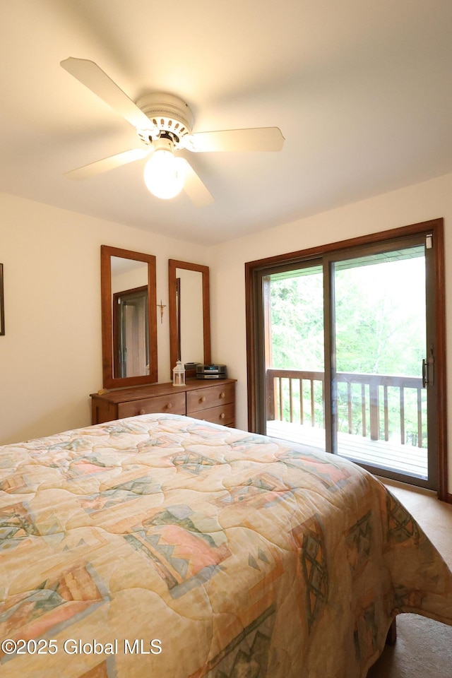 441 E Kelm Pond Rd, Warrensburg, NY 12885 - bedroom with access to exterior, a ceiling fan, and carpet