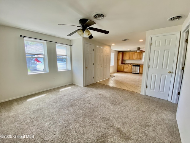 6963 Fuller Station Rd, Schenectady, NY 12303 - unfurnished living room featuring ceiling fan, light colored carpet, recessed lighting, baseboards, and light tile patterned floors