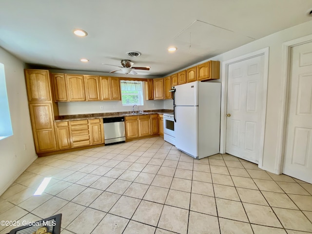6963 Fuller Station Rd, Schenectady, NY 12303 - kitchen with white appliances, a sink, light tile patterned floors, dark countertops, and recessed lighting