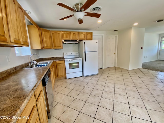 6963 Fuller Station Rd, Schenectady, NY 12303 - kitchen featuring white appliances, a sink, under cabinet range hood, light tile patterned floors, and ceiling fan