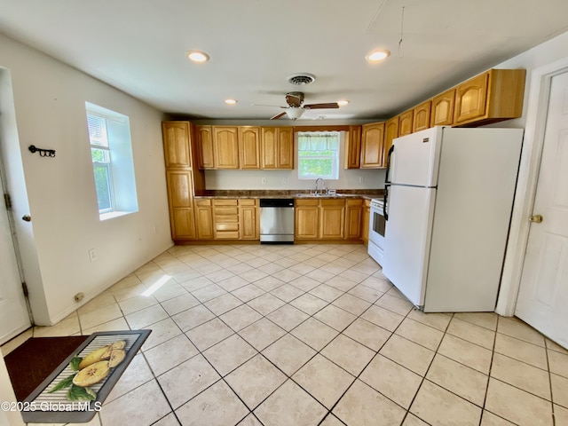 6963 Fuller Station Rd, Schenectady, NY 12303 - kitchen with white appliances, a sink, a ceiling fan, recessed lighting, and light tile patterned floors