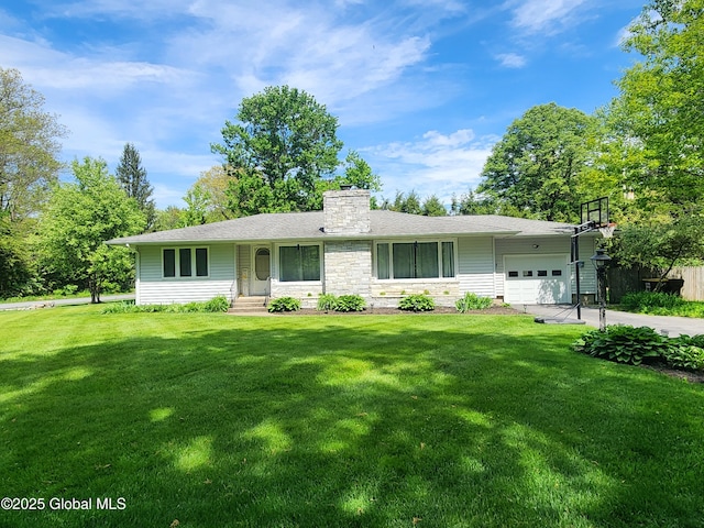 1 Laurel Rd, Moreau, NY 12828 - ranch-style home featuring a garage, a chimney, a front lawn, and driveway
