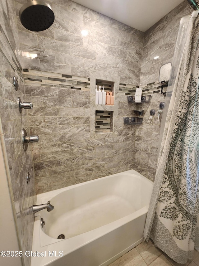 1 Laurel Rd, Moreau, NY 12828 - full bathroom with shower / tub combo with curtain and tile patterned flooring