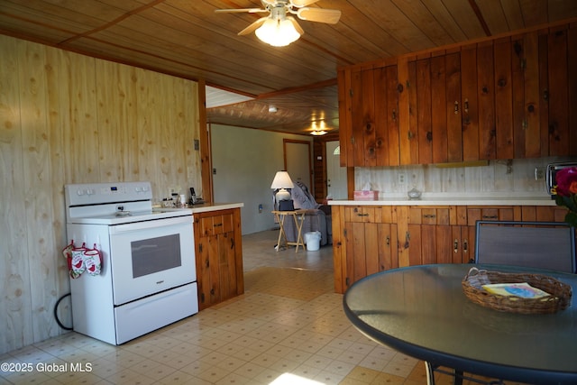 40 W Starbuck Ln, Fort Ann, NY 12827 - kitchen featuring white range with electric stovetop, light flooring, wooden ceiling, light countertops, and wood walls