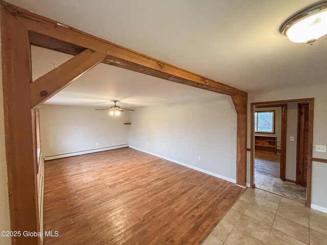 3 Schuyler Ave, Ravena, NY 12143 - unfurnished room featuring a ceiling fan, baseboard heating, baseboards, and light wood-style flooring