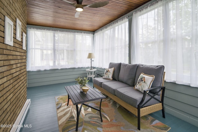 sunroom featuring an outdoor living space, a ceiling fan, and baseboard heating