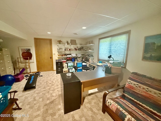 office with carpet, a drop ceiling, and recessed lighting