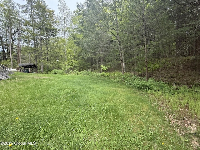 view of yard featuring a wooded view