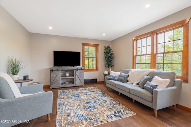 living area featuring baseboards, wood finished floors, and recessed lighting