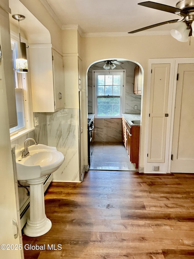 130 Van Schoick Ave, Albany, NY 12209 - bathroom featuring ceiling fan, wood finished floors, ornamental molding, tasteful backsplash, and a sink