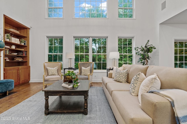 6004 Queen Mary Ct, Schenectady, NY 12303 - living area with a towering ceiling, wood finished floors, and baseboards