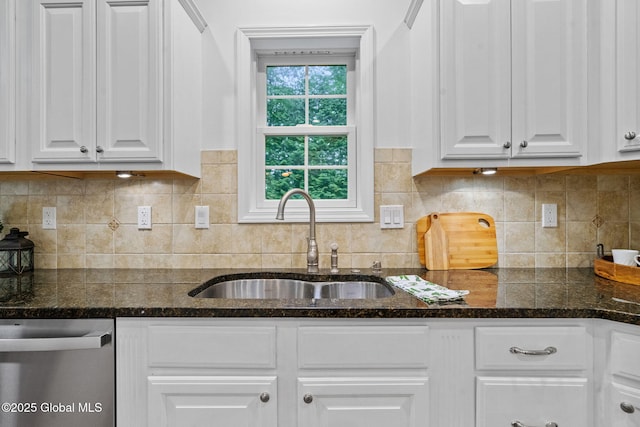 6004 Queen Mary Ct, Schenectady, NY 12303 - kitchen featuring stainless steel dishwasher, a sink, white cabinetry, and decorative backsplash