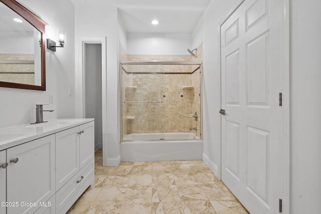 6004 Queen Mary Ct, Schenectady, NY 12303 - bathroom with bath / shower combo with glass door, vanity, baseboards, and recessed lighting