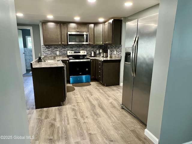 119 Houseman St, Mayfield, NY 12117 - kitchen featuring stainless steel appliances, light wood-style flooring, tasteful backsplash, and recessed lighting