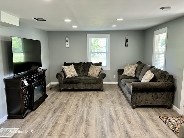 119 Houseman St, Mayfield, NY 12117 - living room featuring light wood-type flooring, baseboards, and recessed lighting