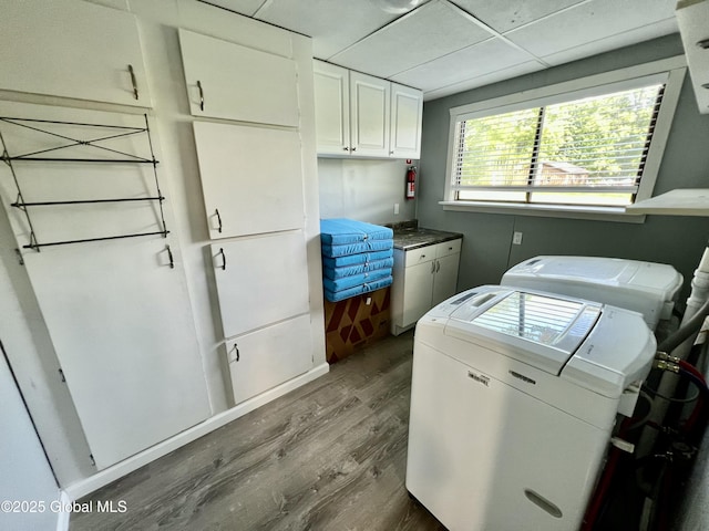 119 Houseman St, Mayfield, NY 12117 - laundry room featuring cabinet space, wood finished floors, and separate washer and dryer