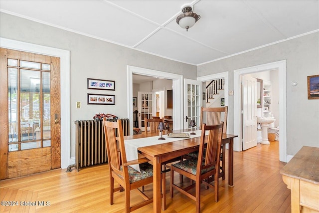 19 George St, Saratoga Springs, Inside, NY 12866 - dining room with radiator, light wood finished floors, ornamental molding, stairway, and baseboards