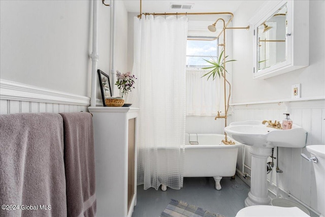 19 George St, Saratoga Springs, Inside, NY 12866 - full bath with toilet, a wainscoted wall, and shower / bath combo