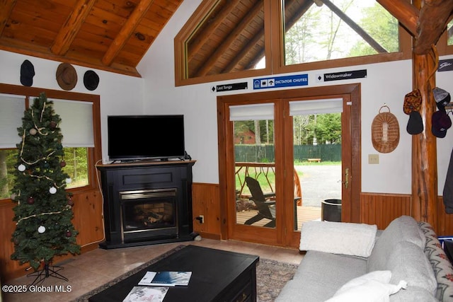 13 Dewey Rd, Chester, NY 12860 - living room with wooden ceiling, a wainscoted wall, wood walls, beamed ceiling, and a glass covered fireplace