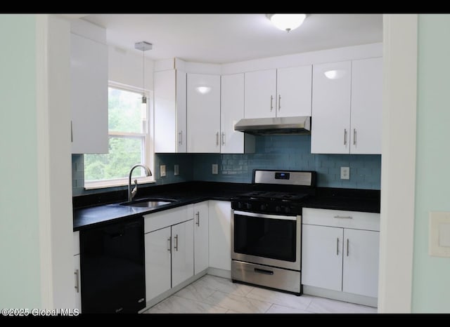 29 Clark St, Hudson Falls, NY 12839 - kitchen with gas range, under cabinet range hood, a sink, dishwasher, and dark countertops