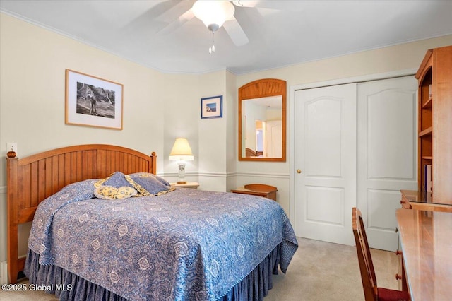 71 Hearthstone Dr, Wilton, NY 12831 - bedroom with light carpet, a closet, crown molding, and a ceiling fan