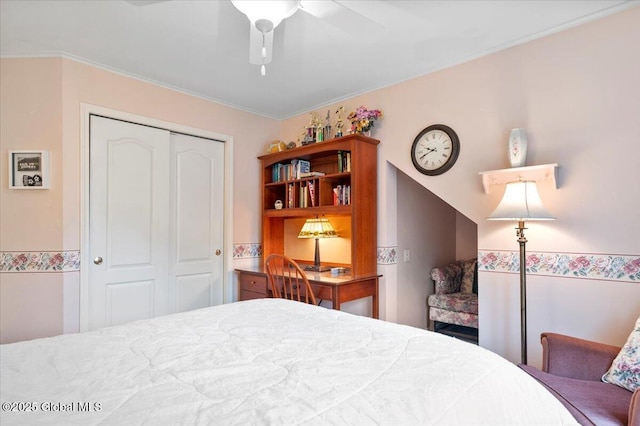 71 Hearthstone Dr, Wilton, NY 12831 - bedroom with a closet, ceiling fan, and crown molding