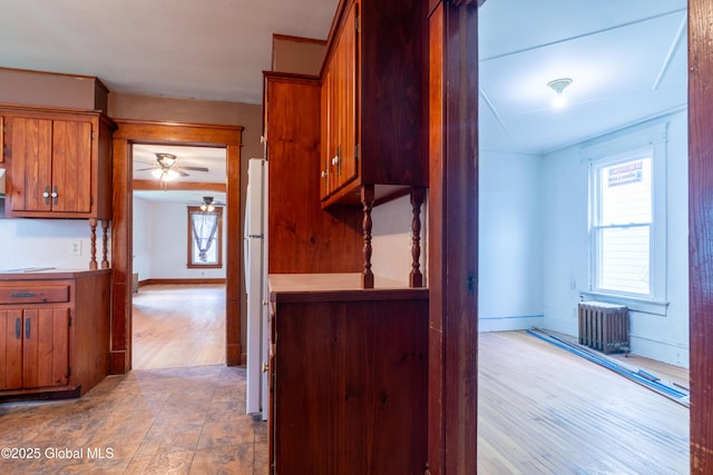 8 Rosewood Ave, Johnstown, NY 12095 - kitchen with radiator heating unit, brown cabinetry, freestanding refrigerator, ceiling fan, and light wood-type flooring