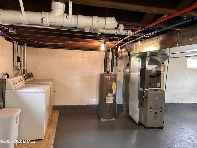 unfinished basement with electric water heater, washing machine and clothes dryer, and heating unit