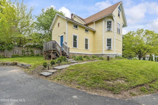 1409 Indian Fields Rd, Bethlehem, NY 12067 - view of front of property with stairway, a chimney, and a wooden deck