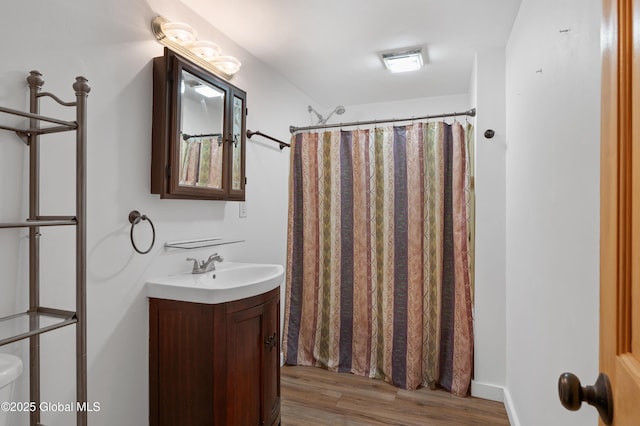 401 Wilton Gansevoort Rd, Wilton, NY 12831 - bathroom featuring vanity, wood finished floors, and a shower with curtain