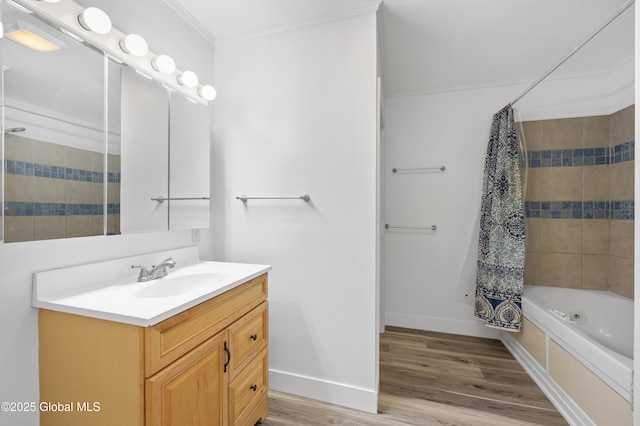 401 Wilton Gansevoort Rd, Wilton, NY 12831 - full bath with vanity, crown molding, wood finished floors, shower / bathtub combination with curtain, and baseboards
