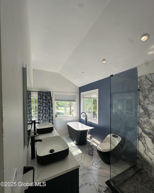 full bath featuring marble tiled floors, walk in shower, vanity, a soaking tub, and recessed lighting