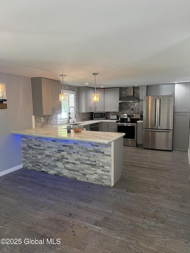 kitchen featuring stainless steel appliances, wall chimney range hood, a peninsula, gray cabinets, and tasteful backsplash