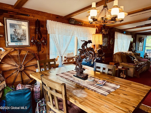 783 Woodstock Rd Lot 3, Berne, NY 12059 - dining space with a chandelier, beamed ceiling, and wooden walls