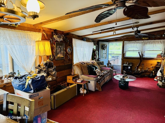 783 Woodstock Rd Lot 3, Berne, NY 12059 - living room featuring wooden walls, ceiling fan, beamed ceiling, and carpet