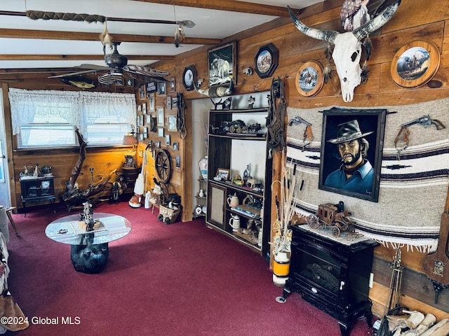 783 Woodstock Rd Lot 3, Berne, NY 12059 - miscellaneous room with wooden walls, a ceiling fan, carpet floors, and beam ceiling