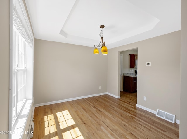 13 Peach Tree Ln, Wilton, NY 12831 - empty room featuring a raised ceiling, a chandelier, baseboards, and light wood-style floors