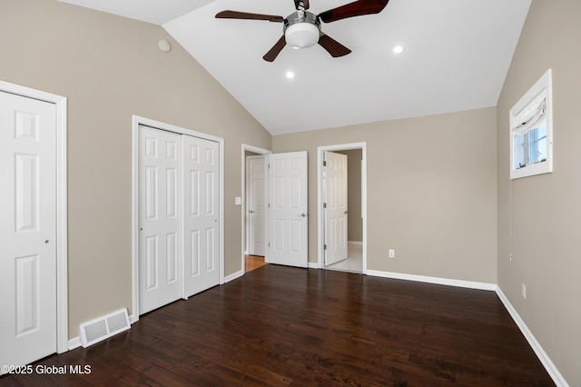 13 Peach Tree Ln, Wilton, NY 12831 - unfurnished bedroom featuring lofted ceiling, two closets, baseboards, wood finished floors, and ceiling fan