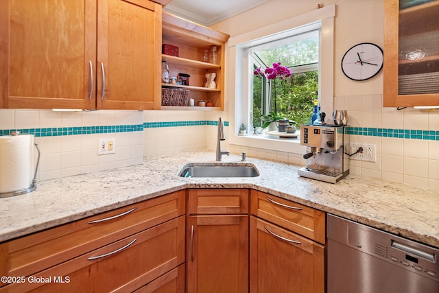 2 Loudon Pkwy, Colonie, NY 12211 - kitchen with a sink, stainless steel dishwasher, decorative backsplash, light stone countertops, and ornamental molding