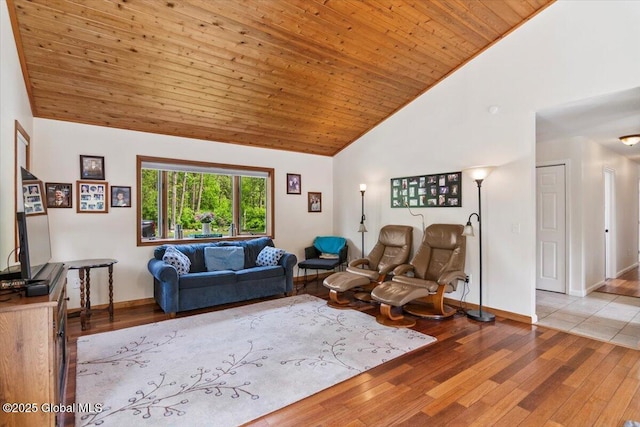 2158 State Route 29, Greenwich, NY 12834 - living room featuring high vaulted ceiling, wood finished floors, wooden ceiling, and baseboards